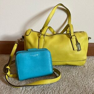 Crossgrain Leather Coach Yellow CrossBody Mini Satchel & Aqua Wallet Set